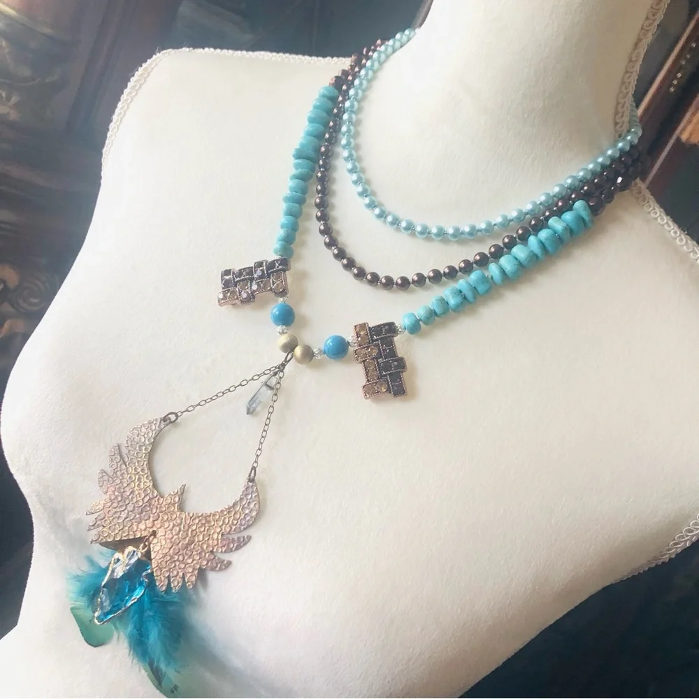 Handcrafted copper eagle Czech Pearl howlite stone clasp necklace